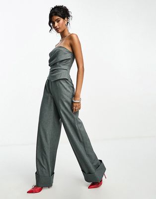 ASOS DESIGN drape detail bandeau jumpsuit with turn up hem in charcoal-Gray