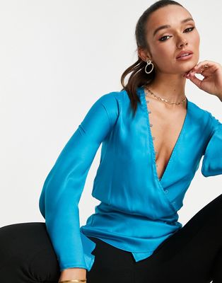 ASOS DESIGN drape long sleeve top with and peplum hem in bright teal-Blue