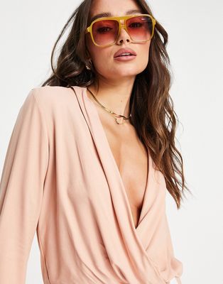 ASOS DESIGN drape twist blouse with long sleeve in Tan-Multi