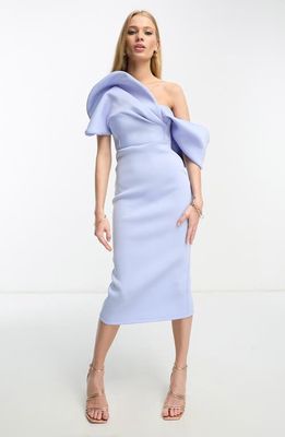 ASOS DESIGN Draped Off the Shoulder Sheath Dress in Blue Multi
