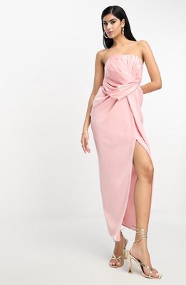 ASOS DESIGN Draped Strapless Midi Dress in Light Pink