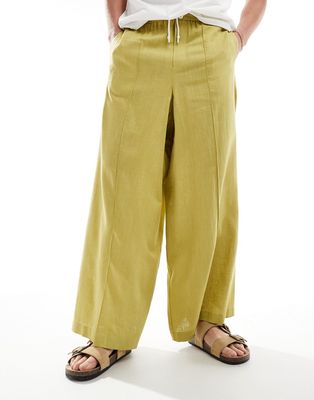 ASOS DESIGN dressy extreme wide leg linen blend pants in chartreuse-Green