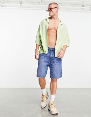 ASOS DESIGN dropped shoulder oversized camp collar shirt in crinkle fabric-Green
