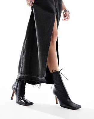 ASOS DESIGN Eclipse premium leather square toe lace up boots in black