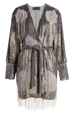 ASOS DESIGN EDITION Beaded Fringe Long Sleeve Faux Wrap Cocktail Dress in Charcoal