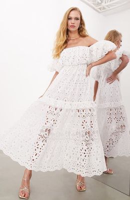 ASOS DESIGN EDITION Broderie Anglaise Off the Shoulder Tiered Dress in White