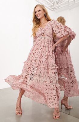 ASOS DESIGN EDITION Broderie Twist Front Dress in Light Pink