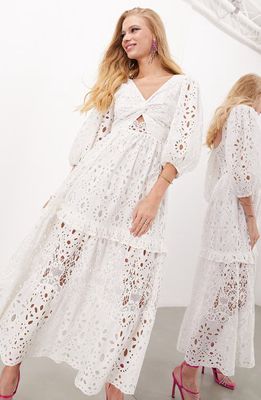 ASOS DESIGN EDITION Broderie Twist Front Dress in White