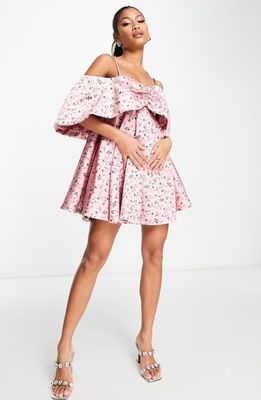 ASOS DESIGN EDITION Floral Cold-Shoulder Babydoll Minidress in Pink