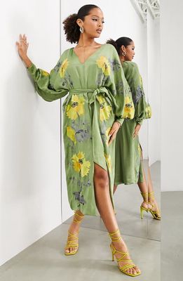ASOS DESIGN Edition Floral Embroidery Long Sleeve Midi Dress in Mid Green