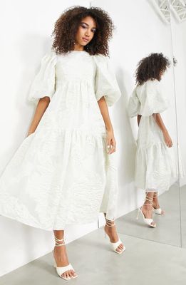 ASOS DESIGN EDITION Metallic Puff Sleeve Midi Dress in Ivory