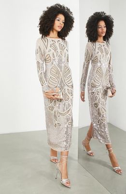 ASOS DESIGN EDITION Sequin Beaded Long Sleeve Cocktail Dress in Silver