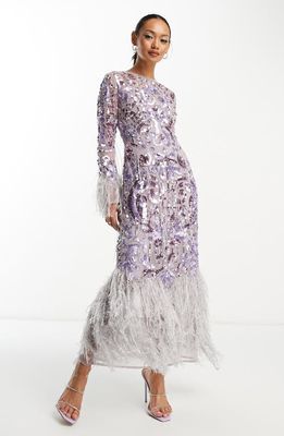 ASOS DESIGN EDITION Sequin Embellished Fringe Trim Long Sleeve Cocktail Dress in Lilac