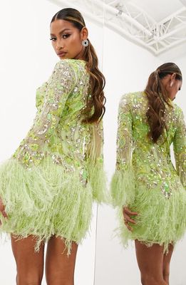 ASOS DESIGN EDITION Sequin Faux Feather Trim Long Sleeve Cocktail Minidress in Light Green