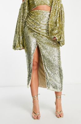 ASOS DESIGN EDITION Sequin Faux Wrap Midi Skirt in Gold