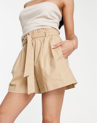 ASOS DESIGN elasticated paperbag waist linen short in cream-White