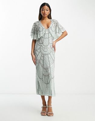 ASOS DESIGN embellished flutter sleeve midi dress with sequin detail in light blue