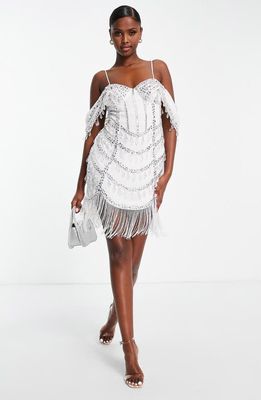 ASOS DESIGN Embellished Fringe Cocktail Dress in White