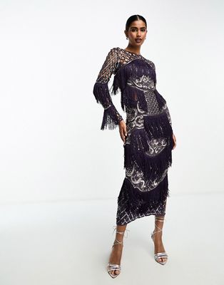 ASOS DESIGN embellished lattice detail midi dress with fringing in purple