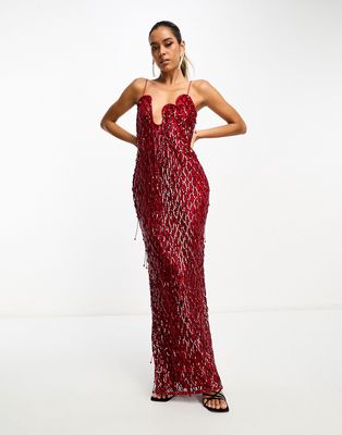ASOS DESIGN embellished lattice maxi dress with fringing and wave neckline in deep red