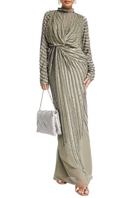 ASOS DESIGN Embellished Long Sleeve Gown in Grey/Medium Blue