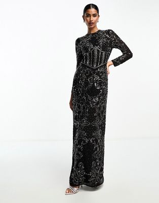 ASOS DESIGN embellished long sleeve maxi dress with floral detail in black-Purple