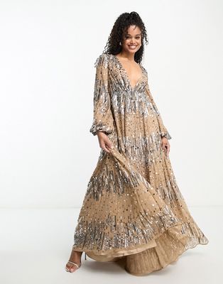 ASOS DESIGN embellished scatter sequin plunge maxi dress with balloon sleeves in taupe-Brown