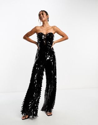 ASOS DESIGN embellished sequin shard bandeau jumpsuit with mesh detail in black