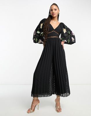ASOS DESIGN embroidered big sleeve pleated wide leg jumpsuit in black