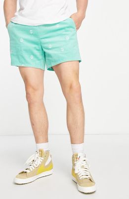 ASOS DESIGN Embroidered Corduroy Slim Fit Drawstring Shorts in Mid Green