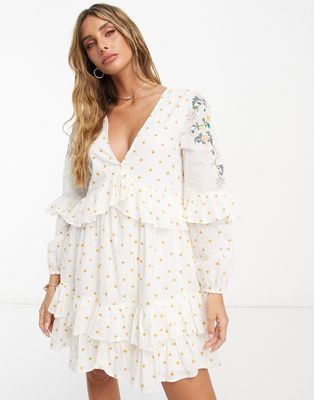 ASOS DESIGN embroidered textured mini smock dress with frill details in cream-White