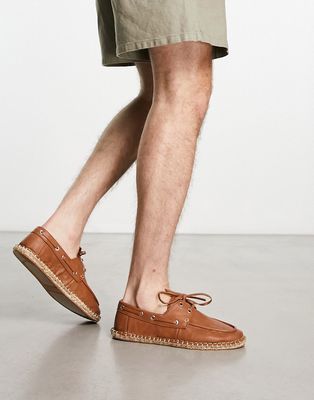 ASOS DESIGN espadrille boat shoes in tan faux leather-Brown