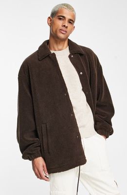 ASOS DESIGN Extreme Oversize High Pile Fleece Coach's Jacket in Brown