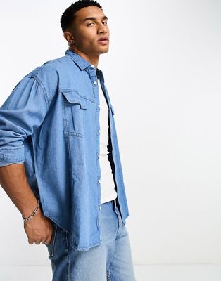 ASOS DESIGN extreme oversized denim shirt in vintage western styling-Blue