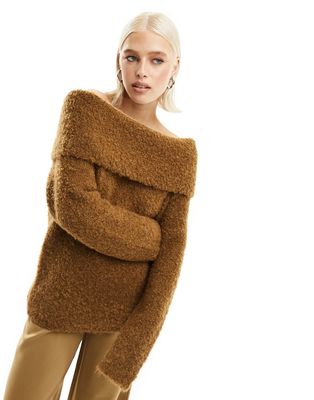 ASOS DESIGN extreme oversized off-shoulder sweater in textured yarn in dark camel-Neutral