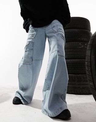 ASOS DESIGN extreme wide leg cargo jeans in light wash blue