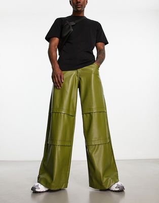 ASOS DESIGN extreme wide leg leather look jeans in khaki green