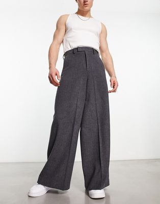 ASOS DESIGN extreme wide leg wool mix smart pants in charcoal-Gray