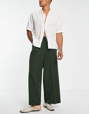 ASOS DESIGN extreme wide smart pants with shallow waist band detail in olive green