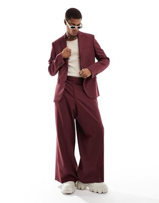 ASOS DESIGN extreme wide suit pants in burgundy pinstripe-Red