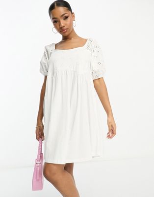 ASOS DESIGN eyelet mini smock dress with curve seam in white