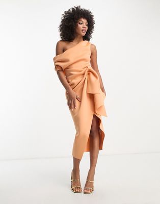 ASOS DESIGN fallen shoulder manipulated tuck body-conscious midi dress in apricot-Orange