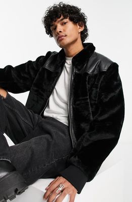 ASOS DESIGN Faux Fur & Faux Leather Harrington Jacket in Black