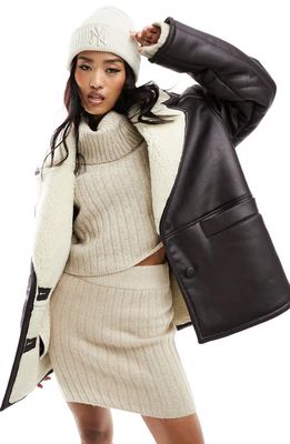 ASOS DESIGN Faux Leather & Faux Shearling Car Coat in Brown