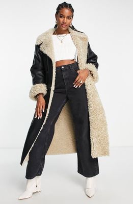 ASOS DESIGN Faux Leather & Faux Shearling Trench Coat in Black