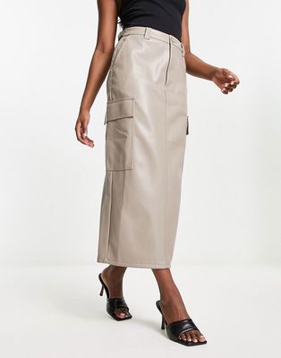 ASOS DESIGN faux leather cargo midi skirt in mushroom-Brown