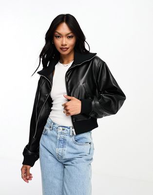 ASOS DESIGN faux leather crop bomber jacket in black