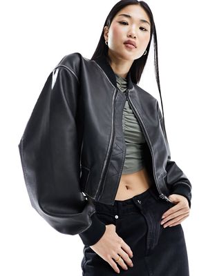 ASOS DESIGN faux leather cropped bomber jacket in washed black