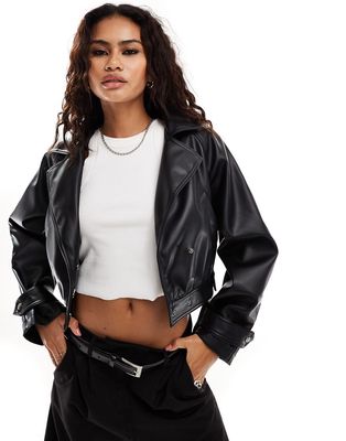 ASOS DESIGN faux leather glam 80s crop jacket in black-Red