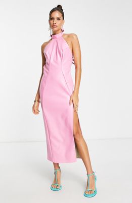 ASOS DESIGN Faux Leather Halter Midi Dress in Light Pink